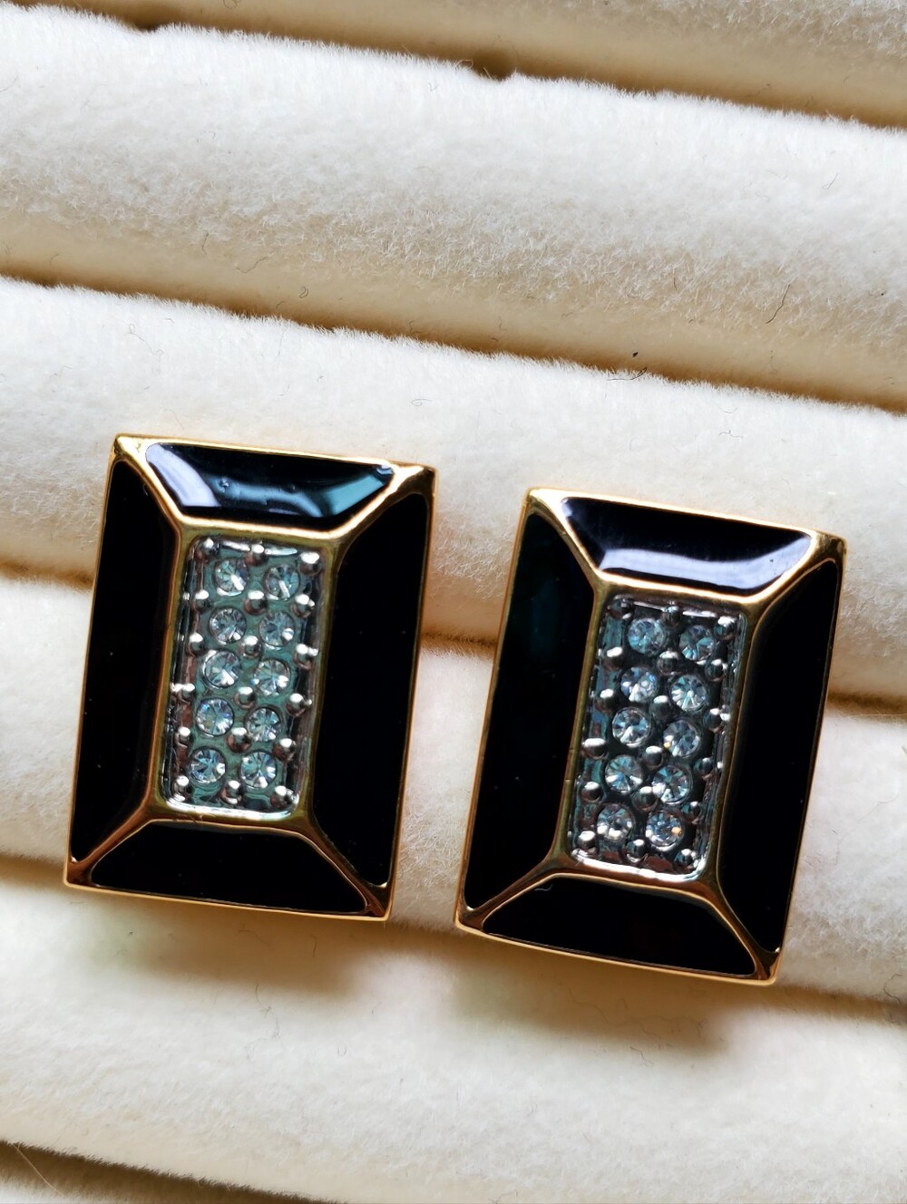 Butler: Black Enamel Rhinestone Earrings | Vintage Gold-Tone